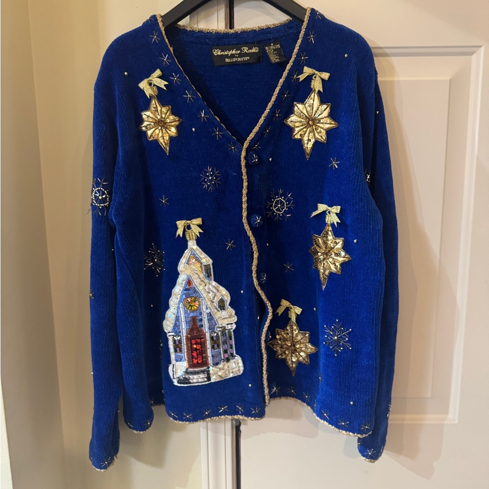 Christopher Radko Blue and‎ Gold Cardigan Sweater size medium